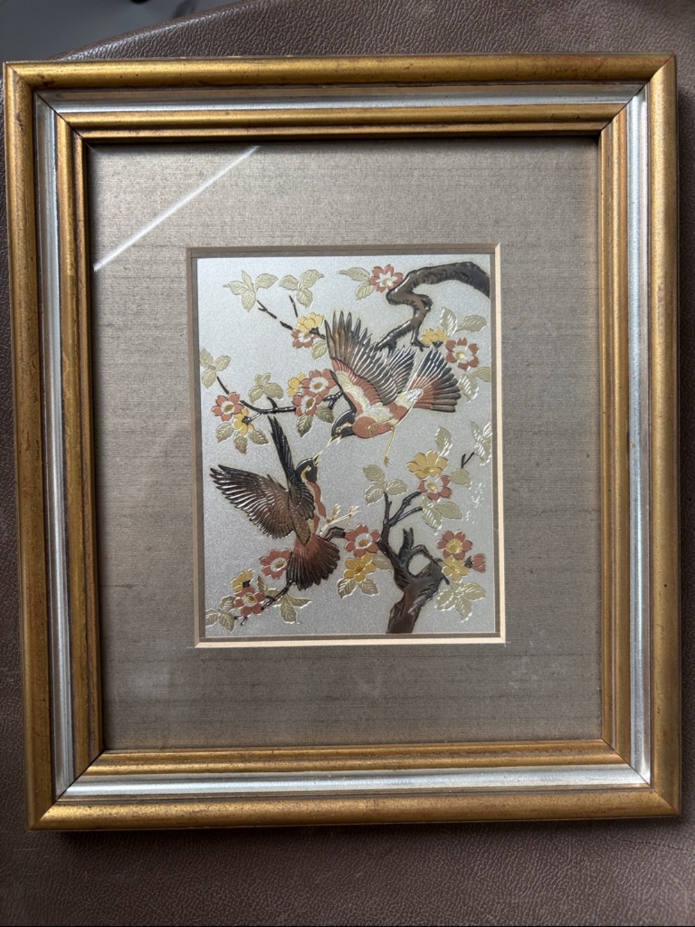 Framed Chokin Ancient Japanese  Bird and Blossom Wall Art - Multicolor 24k Gold